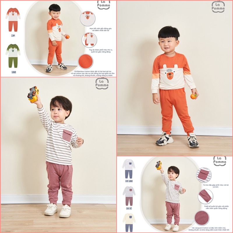 Bộ quần áo dài tay La Pomme phối màu mặt gấu dành cho bé trai bé gái mặc điều hòa