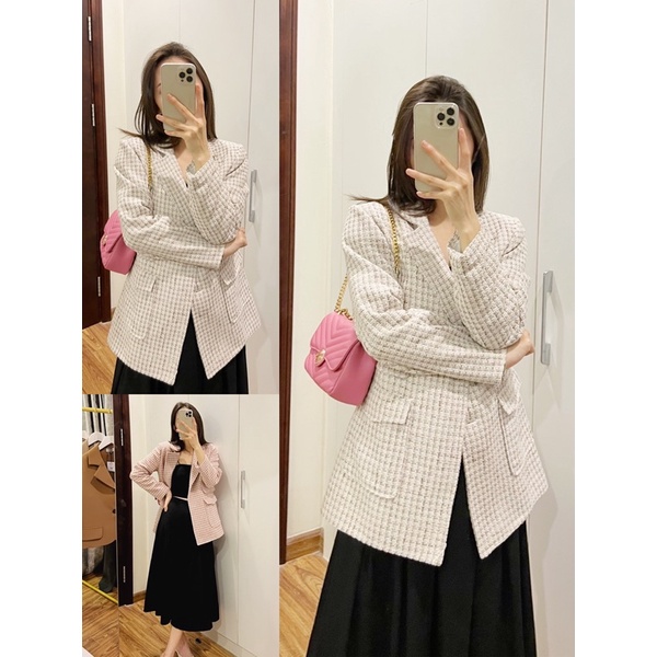Áo khoác blazer tweed nữ 2 lớp dáng dài tay dài vải xịn hàng thiết kế Huien Design phong cách sang trọng form Hàn Quốc