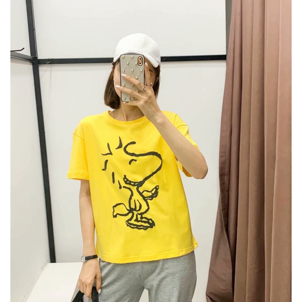 Áo thun NỮ cao cấp cotton 4 chiều ZARA SNOOPY PEANUT màu vàng chanh tươi xỉu - Form to nam nữ mặc đôi. - SIZE S,M,L,XL