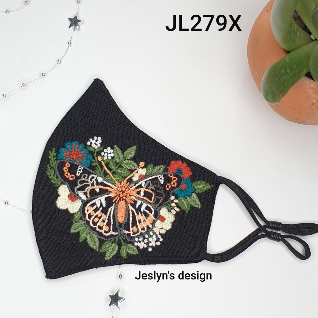 Khẩu trang thêu tay vải linen bươm bướm và hoa JL279X-Hand embroidered masks | BigBuy360 - bigbuy360.vn