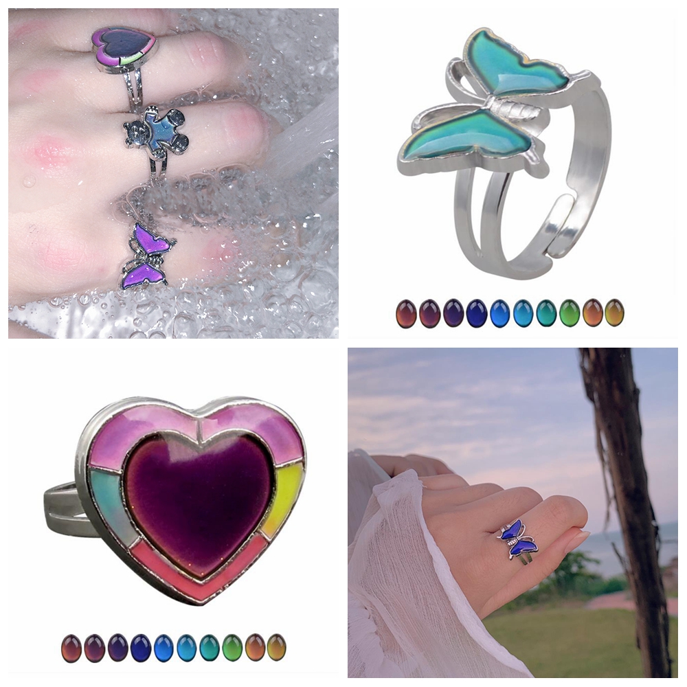 Nhẫn đổi màu theo nhiệt độ họa tiết bướm / trái tim 6 kiểu tùy chọn