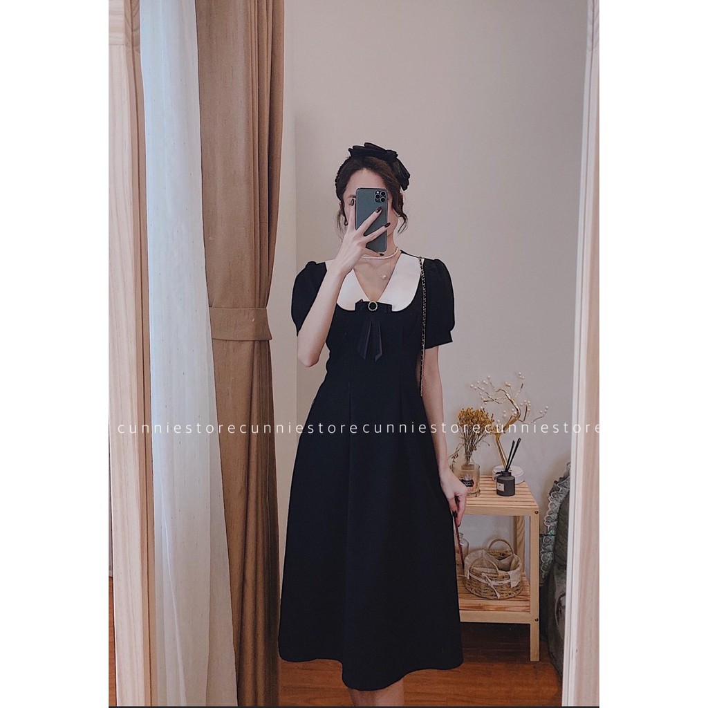 Váy Đen Cổ Bèo Trắng - Đầm Nữ Đẹp Cổ Sen Tay Bồng Maxi Dáng Chữ A