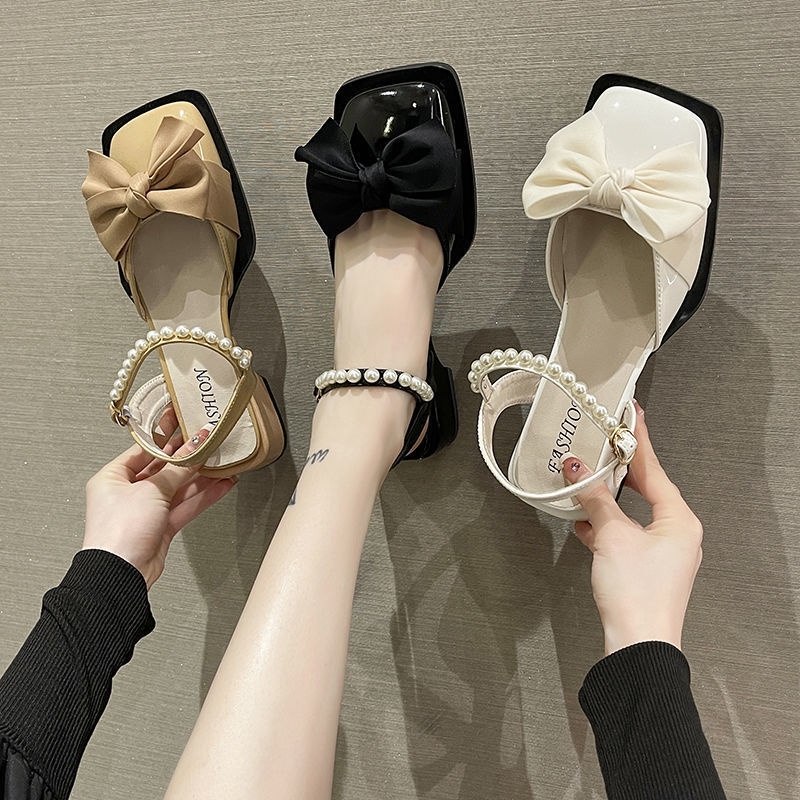 Giày Sandal Mũi Vuông Đính Nơ Và Ngọc Trai Nhân Tạo Phong Cách Mùa Hè Hàng Mới Dành Cho Bạn Nữ