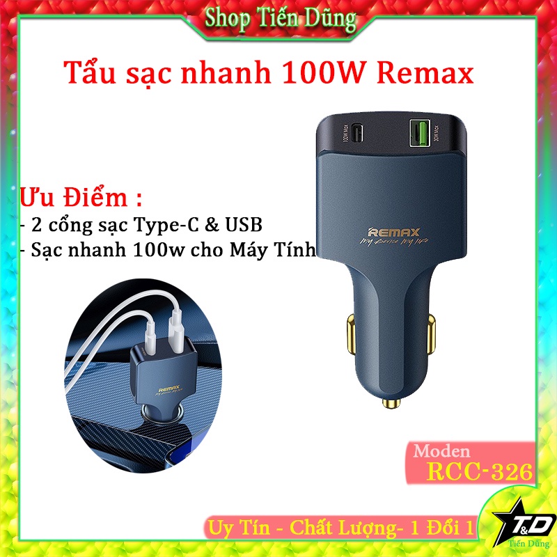 Củ cốc tẩu sạc nhanh oto xe hơi 2 cổng chuẩn PD và QC3.0 100W RCC 326 USB và Type C ô tô có thể sạc cả máy tính, laptop.