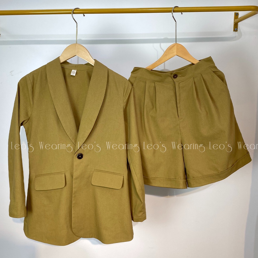 Set đồ nữ quần sort đùi lưng cao 2 túi mix áo khoác vest dáng dài blaze tay dài LEOSWEARING năng động công sở G5 K44