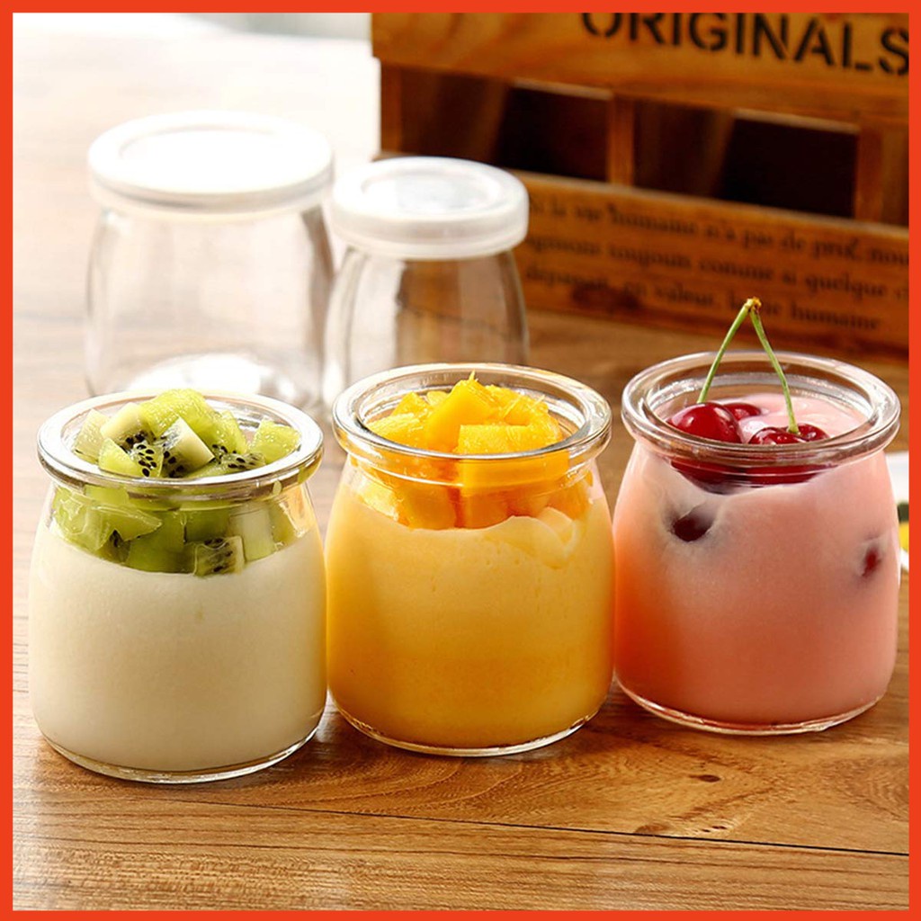 (Hàng Loại 1) Hũ Đựng Sữa Chua Thủy Tinh 100ml, 200ml in hình có nắp - Hũ yaourt, yogurt, caramen