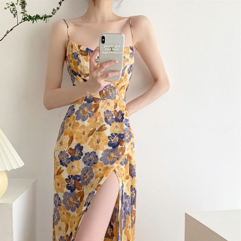 Đầm Hai Dây Xẻ Tà Họa Tiết Hoa Phong Cách Retro Pháp