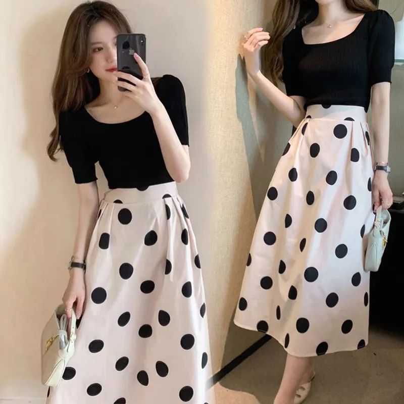 IELGY Bộ Áo + Chân Váy Họa Tiết Chấm Bi Phong Cách Pháp Cổ Điển Chất Lượng Cao Cho Nữ