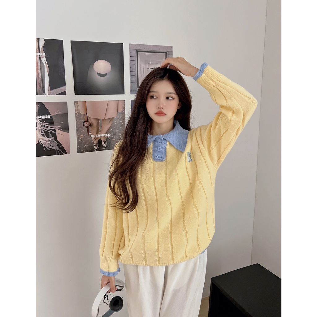 DUNEA Áo Sweater Dệt Kim Form Rộng Phối Màu Xinh Xắn Cho Nữ