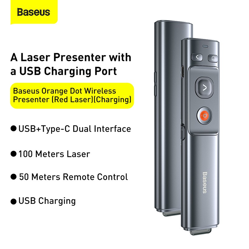 Bút Trình Chiếu  Baseus - Hỗ Trợ  Thuyết Trình Không Dây 2.4ghz Usb-A Type-C Chấm Màu Cam Laser