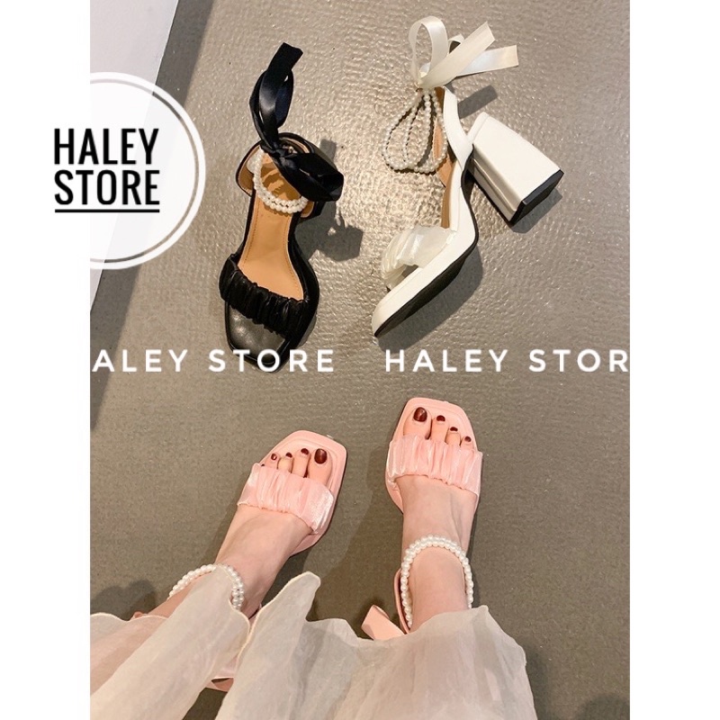Giày nữ cao gót vuông HALEY STORE đế xuồng đúp quai ngang nhúm bèo thắt nơ ngọc tiểu thư công chúa cô dâu đi tiệc