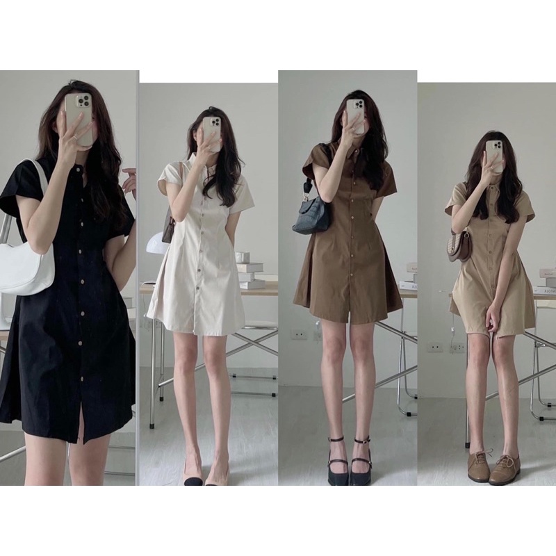 Váy kaki cổ đức cúc dọc dáng chữ A