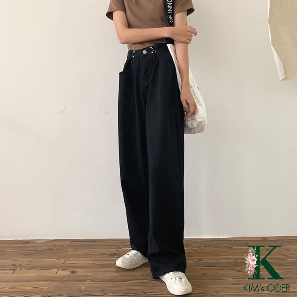 Quần jean nữ ống rộng gài chỉnh eo hồng xanh đen trắng lưng cao dáng suông Ulzzang