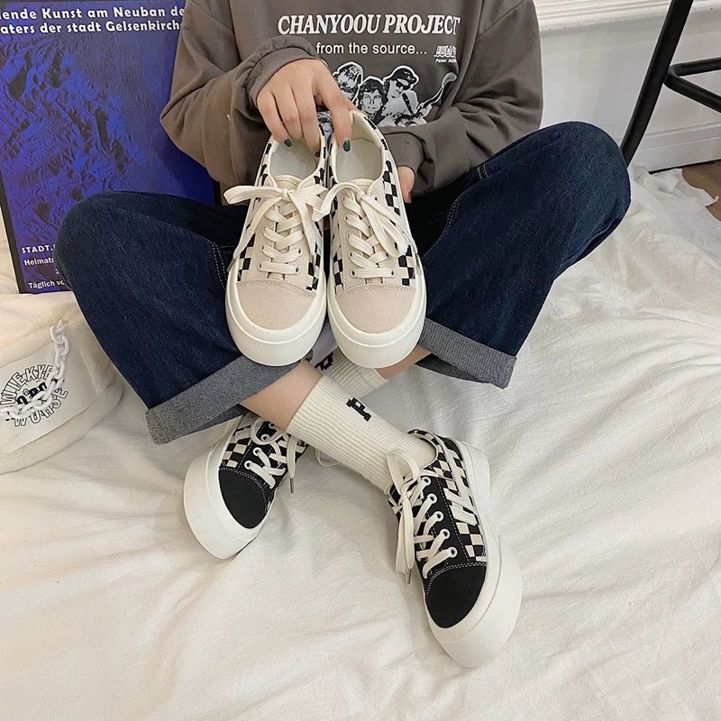 Giày sneaker thể thao nữ độn đế cao 5 phân hoạ tiết caro bigsize giá rẻ HAVAVA G007