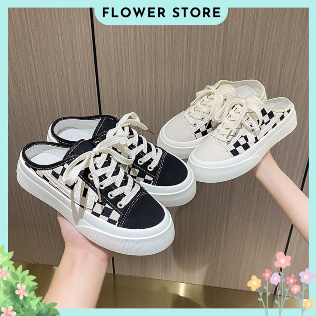 Giày sục thể thao nữ vải canvas sọc caro đế cao giày lười đạp gót FLOWER S05 - nguyentrang239