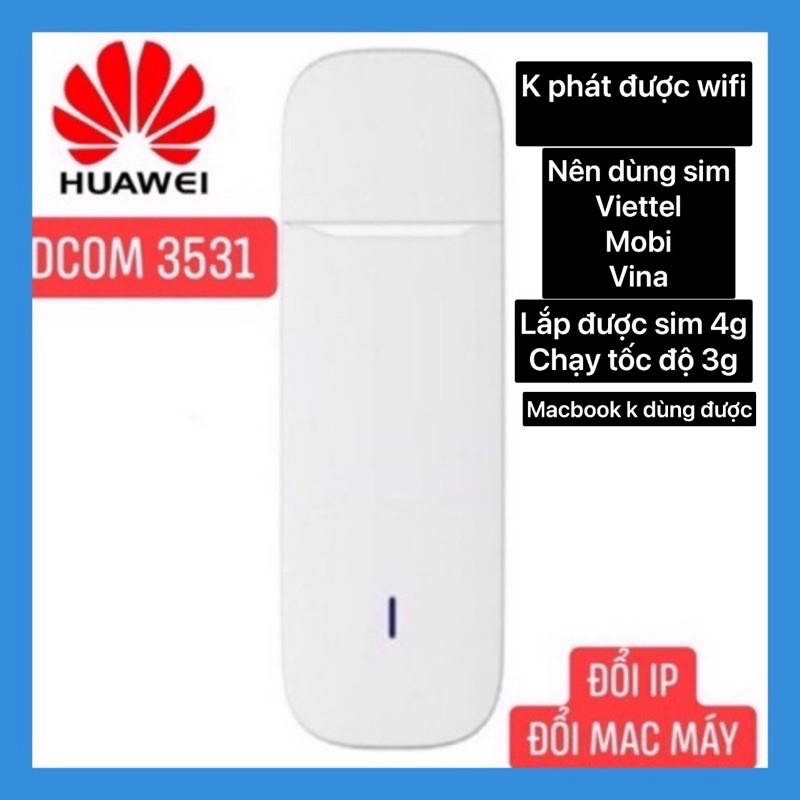 USB DCOM 3G -HUAWEI 3531 HỖ TRỢ ĐỔI IP ĐỔI MAC SIÊU NHANH,DCOM 4G TỐC ĐỘ 150mbps