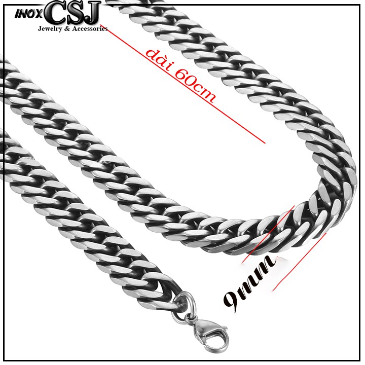 dây chuyền nam inox cao cấp kiểu lặc đôi 9mm màu trắng sáng đẹp, không đen, không gỉ, chuẩn thời trang