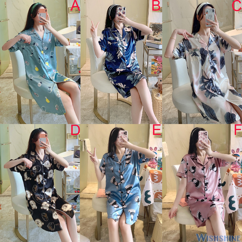 Đầm Ngủ Ngắn Tay In Họa Tiết Hoạt Hình Phong Cách Hàn Quốc Cho Nữ
