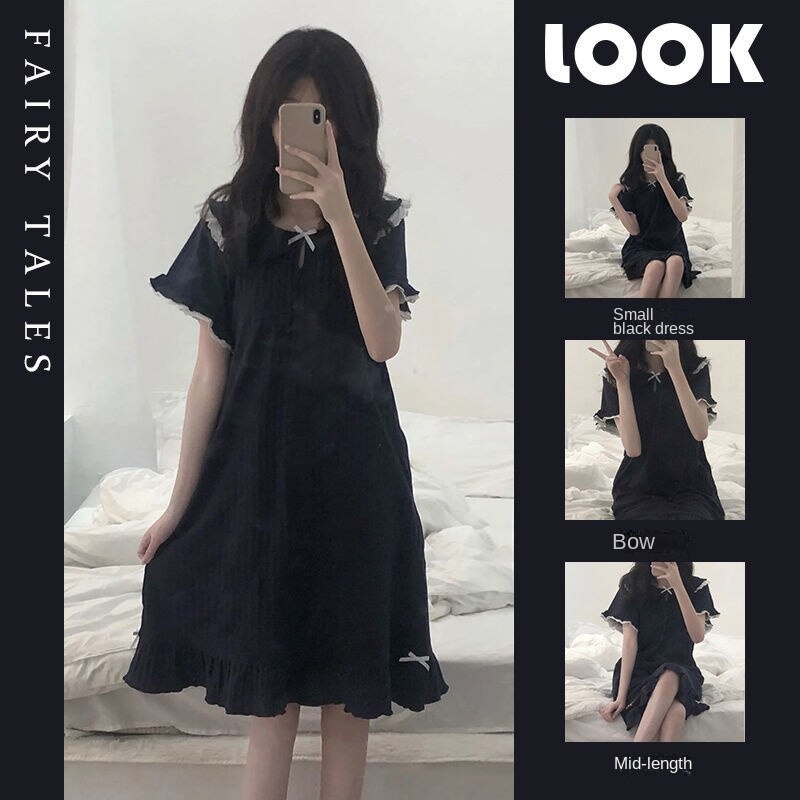 【Spot】Spot】Short-sleeved nightgown, short sleeved home wear, bigsize Black Sleeveless Nightgown, Slim Design, Pretty Summer Fashion For Women