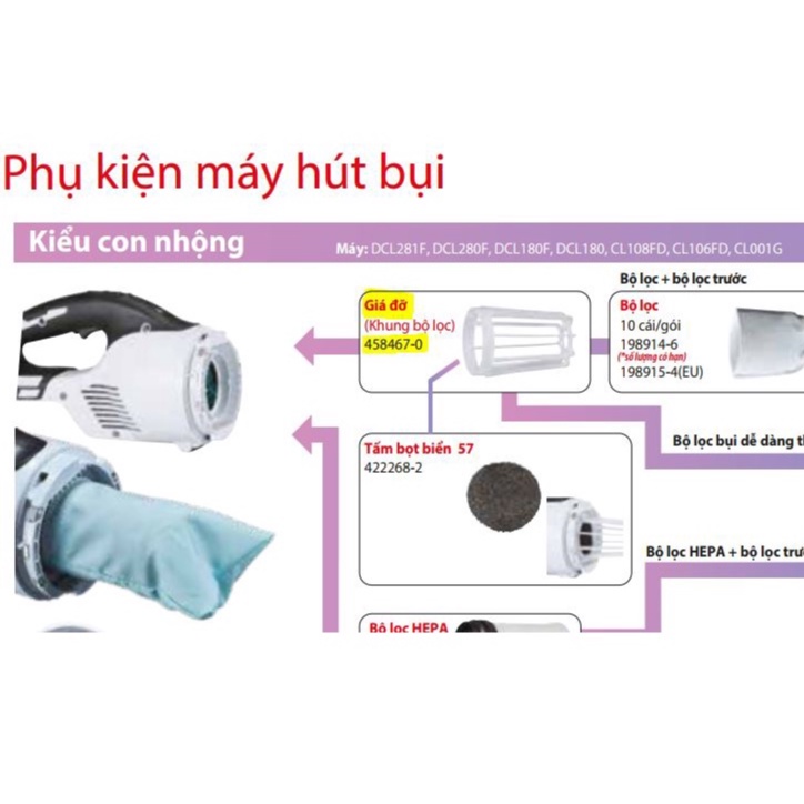 Khung bộ lọc và bộ lọc cho máy hút bụi Makita kiểu nhộng DCL180 DCL280 DCL281 CL106 CL001 - CHÍNH HÃNG