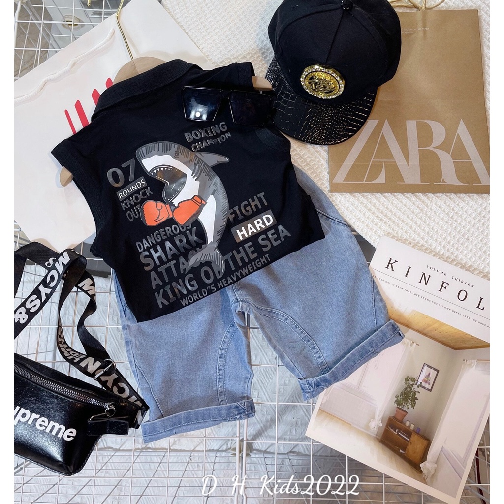 BOT08 - Bộ bé trai, quần jean + áo phông 3 lỗ in hình cá heo cho bé từ 15-35kg