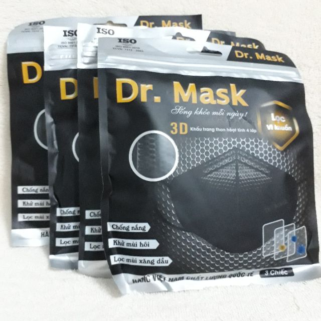 (CÓ SẴN) Gói 3 khẩu trang than hoạt tính 3d 4 lớp Dr Mask - y tế dùng nhiều lần màu đen/ xámngăn khói bụi