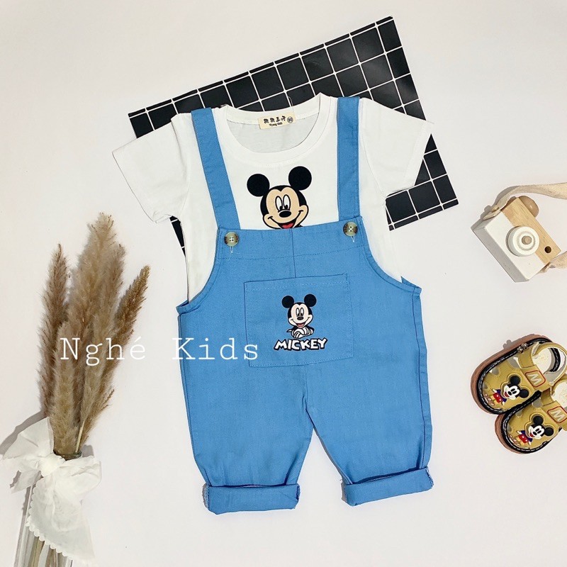 Quần yếm cho bé , Set yếm bé trai bé gái Quần yếm bò Micky phối áo thun micky Quảng Châu