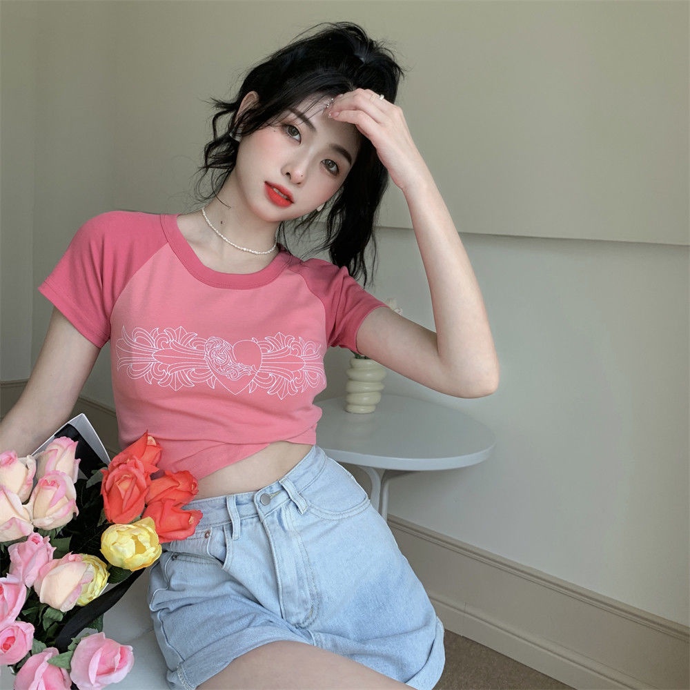 Áo Thun Tay Ngắn Màu Sắc Tương Phản Phong Cách Retro Kiểu Mỹ
