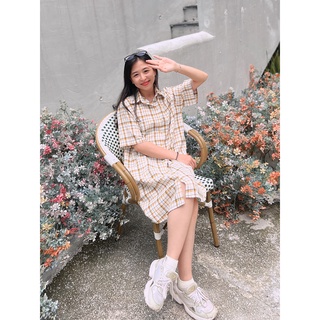 Đầm Caro Sơ mi form rộng - Màu Caro Vàng