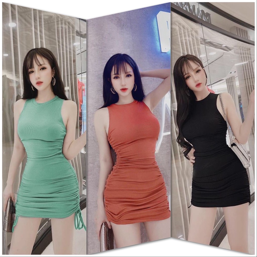 Đầm Body Sát Nách Dây Rút Sườn Hàng VNXK (CAM+XANH+ĐEN) | BigBuy360 - bigbuy360.vn