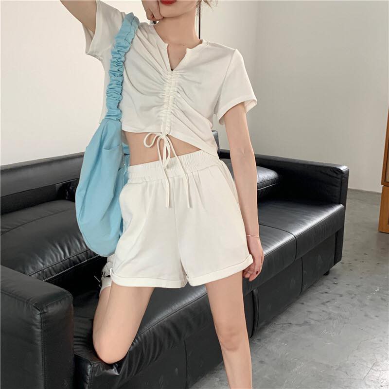 Set Áo Croptop dây rút + short ngắn YAYSHOP chất thun gân năng động (có hình thật trải sàn)