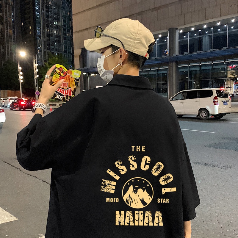 Áo sơ mi IFNICEFUTURE vải lụa mát tay ngắn dáng rộng in họa tiết phong cách Hàn Quốc năng động cho nam