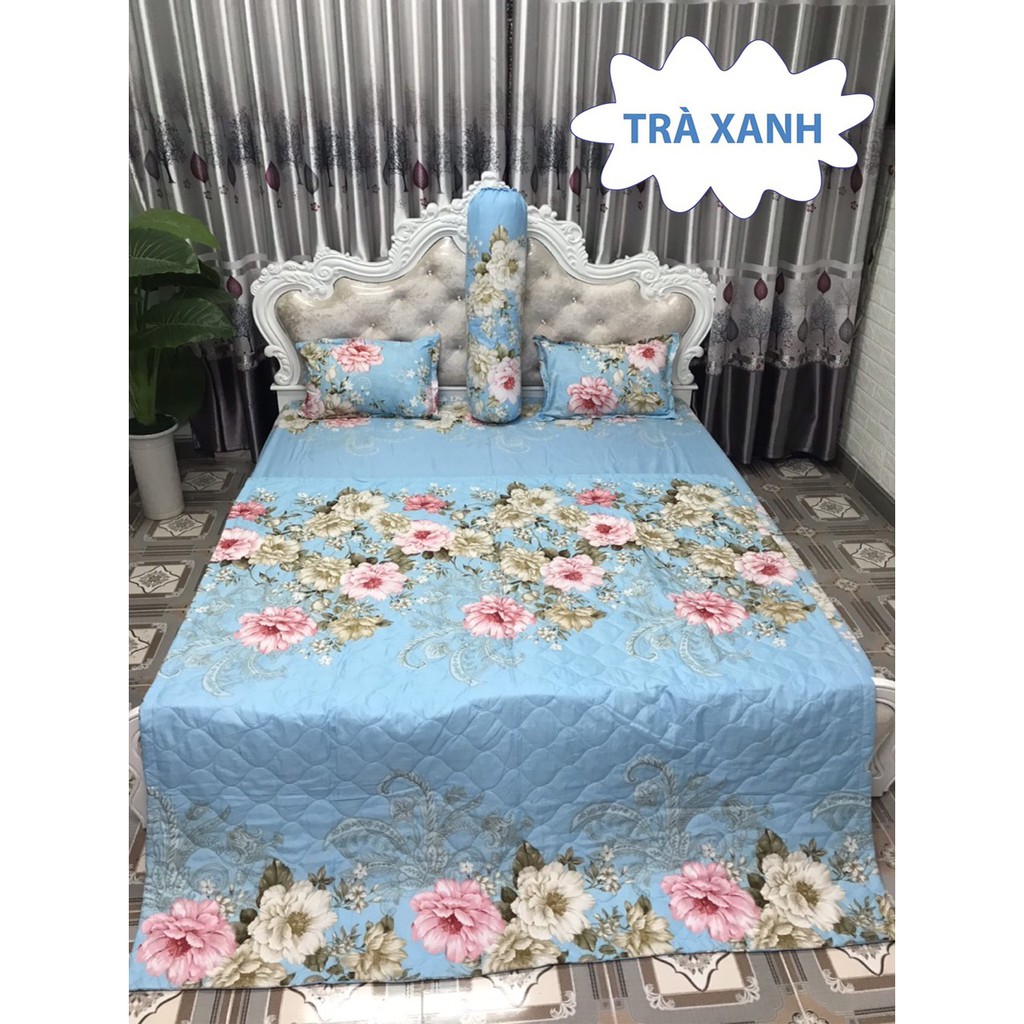 Sét Chăn hè  Ga Gối Cotton Poly Emmidecor Mẫu Hoa Trà xanh