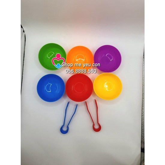 Set 6 bát + 2 kẹp phân loại màu sắc tập gắp pompom