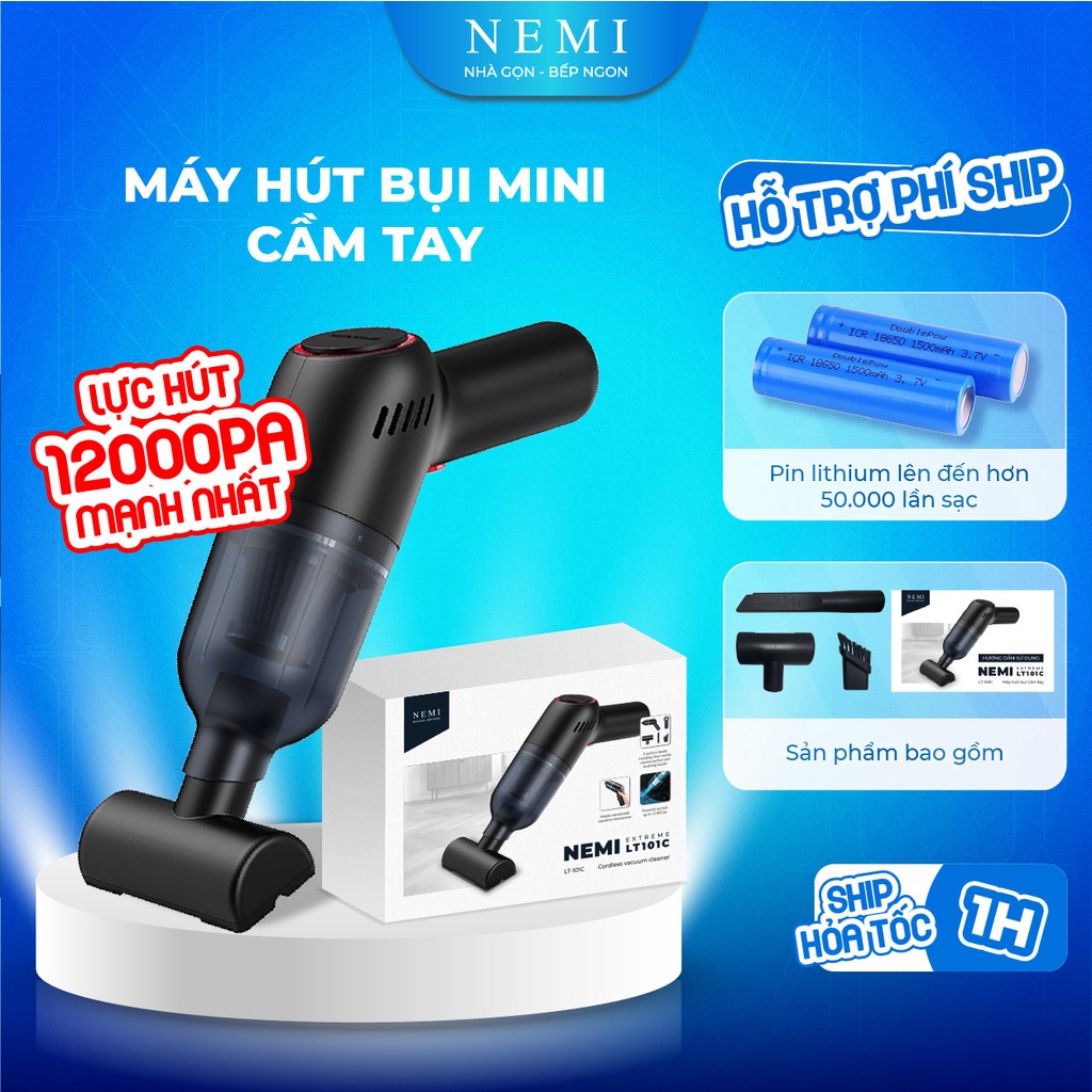 Máy Hút Bụi Cầm Tay Mini NEMI Không Dây Hút Giường Đệm Xe Oto Dễ Dàng Màu Đen Lực Hút 12000PA