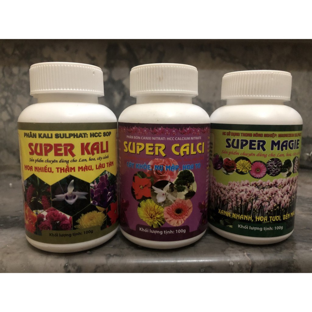 Combo bộ 3 phân bón Super cho hoa lan, cây cảnh (Super Magie, Super Canxi,Super Kali)