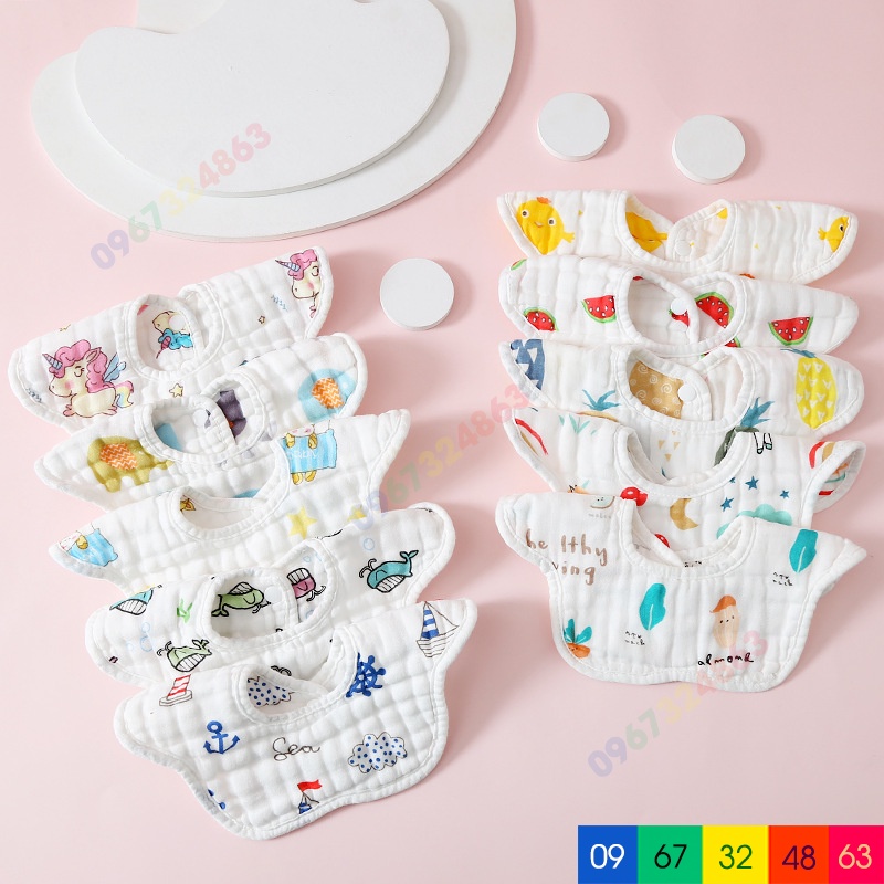 Yếm ăn dặm HOA TRÒN XÔ NỀN TRẮNG 6 LỚP CAO CẤP 2 cúc bấm dày dặn siêu thấm bền đẹp cho bé