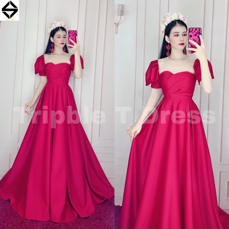 Đầm maxi xoè mặc cưới xếp ly ngực 3 tia tay ngắn phồng cổ tròn phối lưới nude TRIPBLE T DRESS - size S/M/L - MS179Y