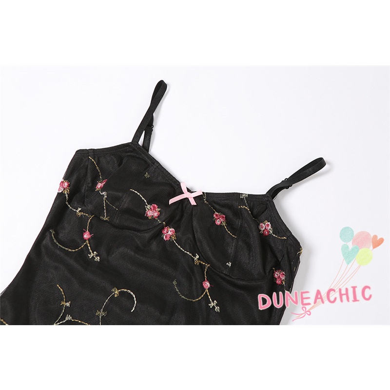 DUNEA Đầm hai dây họa tiết hoa phối lưới thời trang dành cho nữ