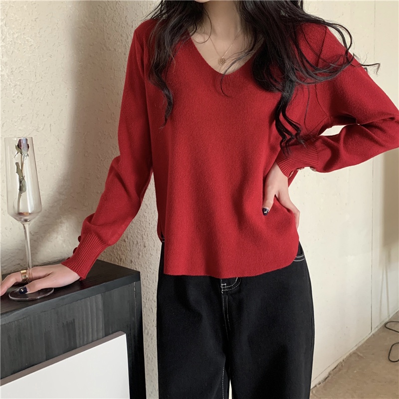 Áo dệt kim SUXI tay dài cổ chữ V thiết kế đơn giản phong cách thời trang mùa thu