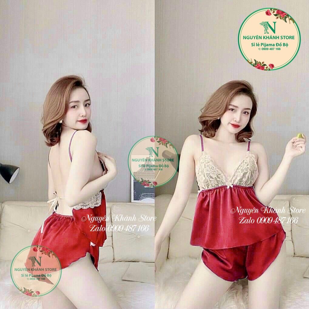 Đồ ngủ sexy có mút ngực cột dây hở lưng gợi cảm vải phi lụa freesize dưới 58kg