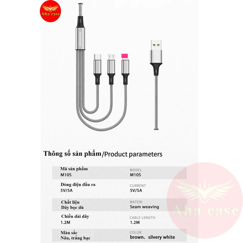 [Bán Chạy-Freeship] Cáp sạc 3 chân dây dù chính hãng SD M10s, Sạc 3 điện thoại 1 lúc 3in1 sạc nhanh, bảo hành 1 năm