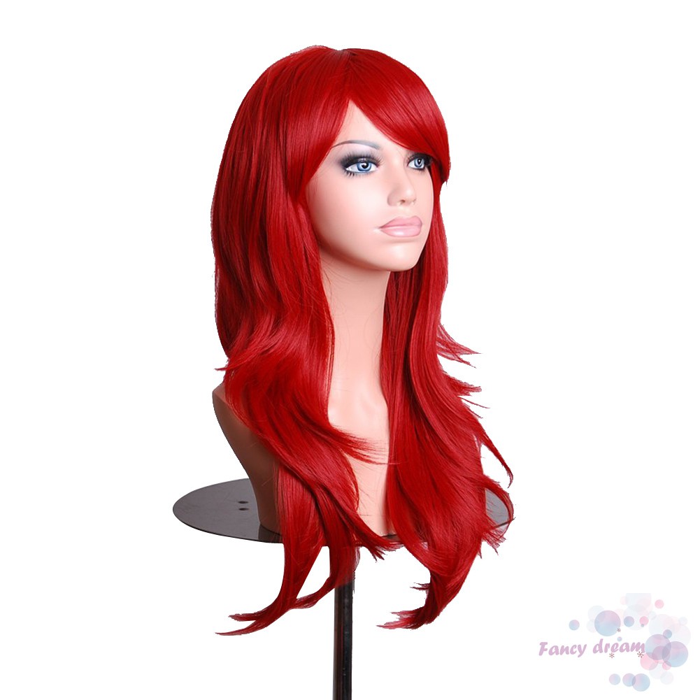 Bộ tóc giả kiểu dài uốn xoăn nhẹ phần đuôi có mái xéo màu đỏ cá tính