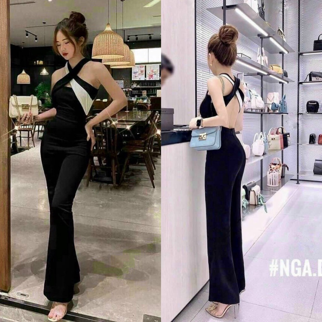 Jumpsuit nữ cổ yếm quần ống rộng phối màu trắng chất liệu umi mẫu có mút ngực 1 màu như hình