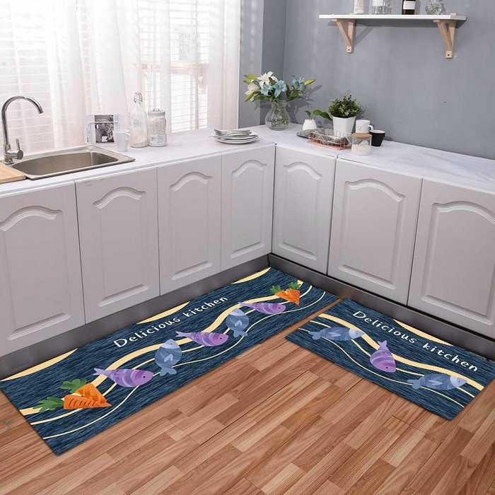 Set 2 thảm bếp 3D cao cấp (40*60cm&amp;120cm) - hình cá &amp; cà rốt (Delicious Kitchen)