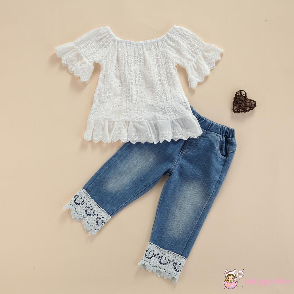 Set Đồ 2 Món Áo Tay Ngắn Màu Trơn Phối Ren + Quần Denim Thời Trang Cho Bé Gái 1-6 Tuổi