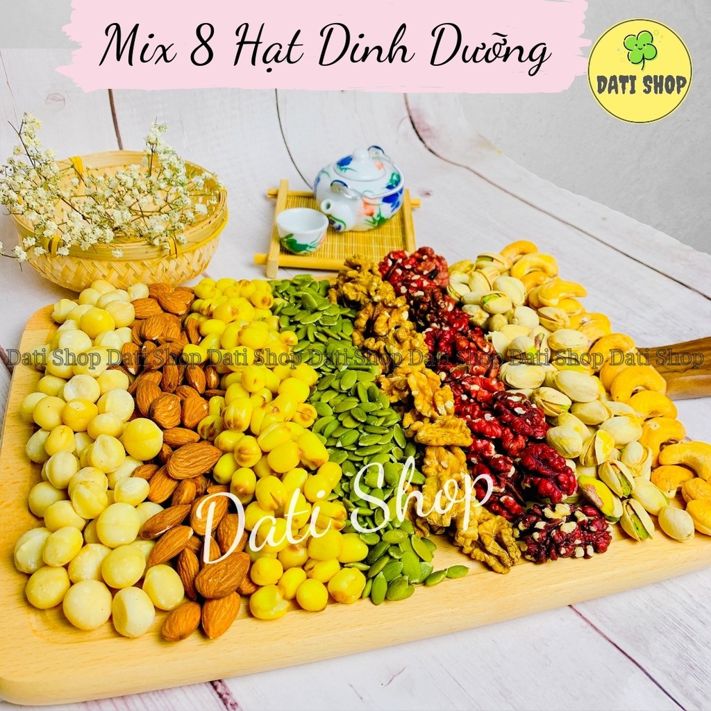 Hạt dinh dưỡng MIX 8 loại cho mẹ bầu/ ăn kiêng/ eatclean (Óc chó đỏ, Macca, Hạnh nhân, Sen, Điều, Dẻ, Bí xanh)