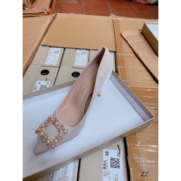 Giày Cao Gót Lụa Nơ Đá Ngọc