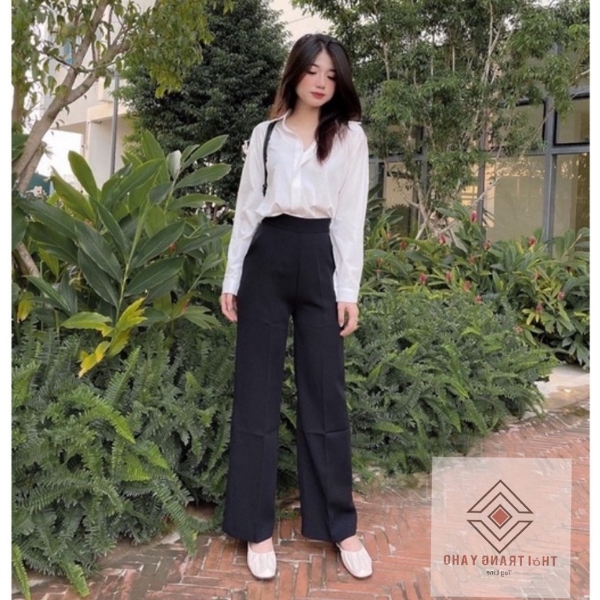 Quần ống rộng lưng cao khóa sườn cạp cao dáng dài chất vải mềm màu đen - Quần tây nữ đi học ống suông mặc đi làm công sở