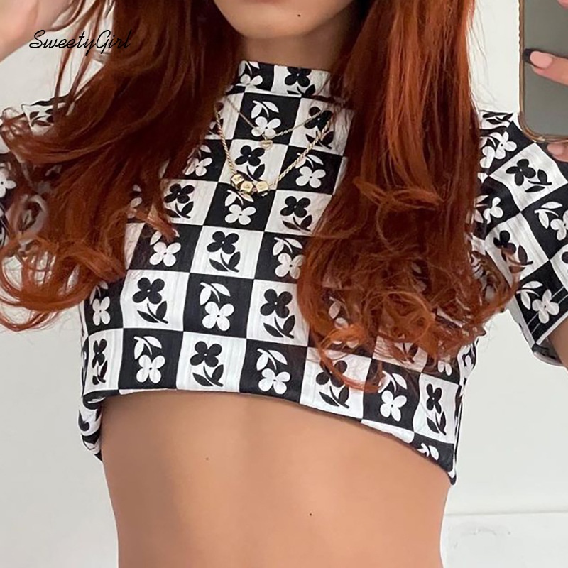 Áo Croptop Cổ Tròn Tay Ngắn Dáng Ôm In Họa Tiết Hoa Xinh Xắn Thời Trang Cho Nữ 2022